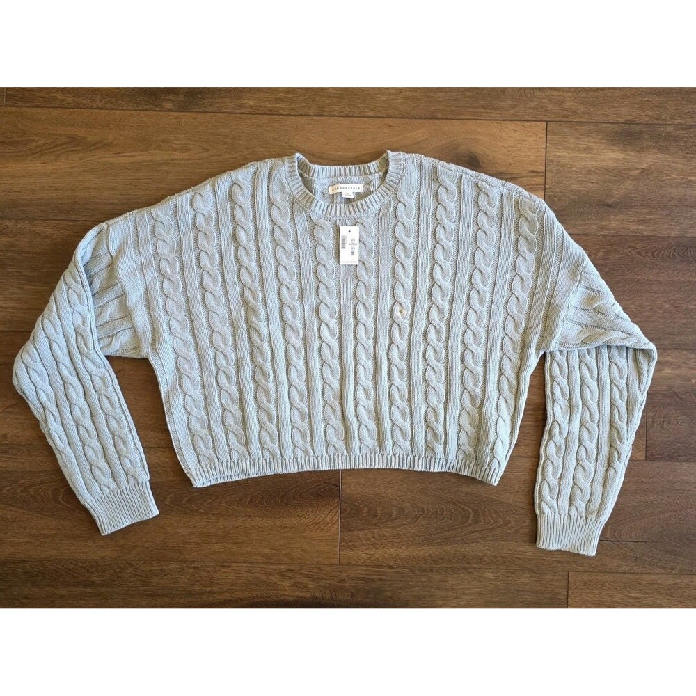 Cable Knit Cropped Crew Sweater Aeropostale Womens XL Green Boxy Preppy NEW